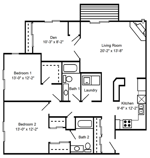 Floor plan for 2 beds, 2 baths, 1395 sqft